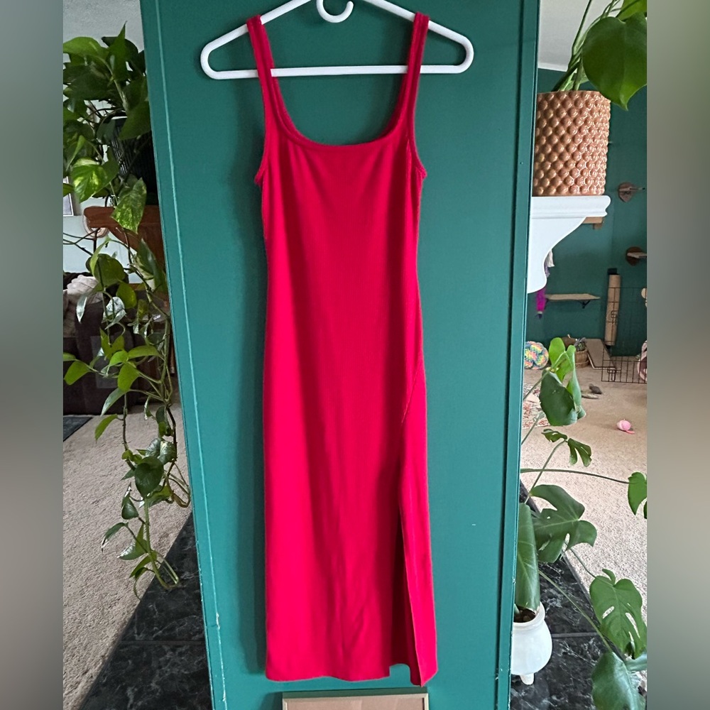 Simple Red Midi Slip Dress Ribbed Bodycon Tank Dress Slit in front